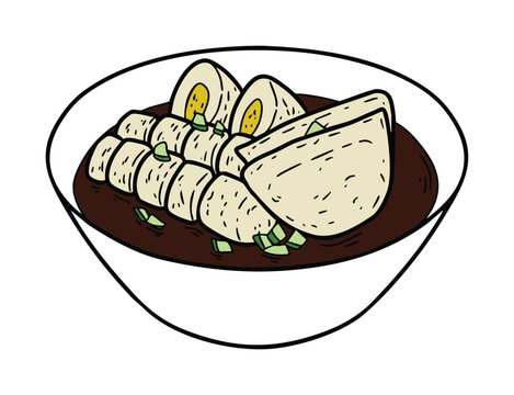 Illustration of Indonesian Pempek Fishcake Served in a Bowl with Sauce