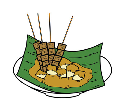 Traditional Indonesian Sate Padang Skewers on Banana Leaf Illustration