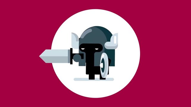 Animated warrior character holding sword and shield in flat vector motion style design for modern gaming video project assets