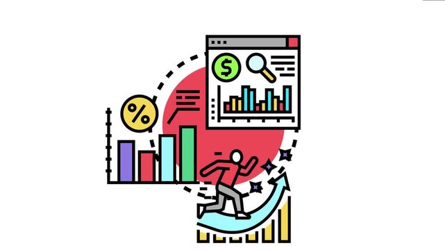 Person running up an increasing arrow over a bar chart, representing business growth, strategy implementation, and achieving higher success rates with financial analytics data