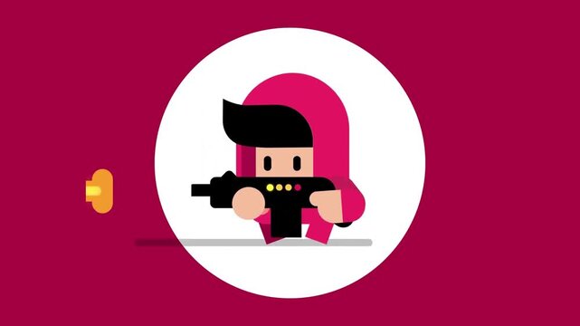 Character wearing a pink hoodie holding a laser blaster in this colorful animated video footage for modern digital gaming motion