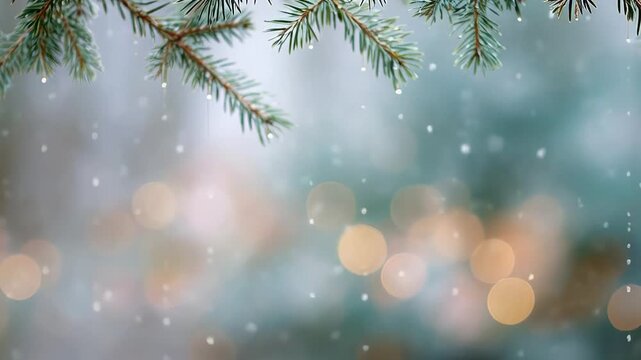 Sparkling snowflakes falling among glittering baubles on pine branches