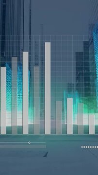 Animation of financial data processing over cityscape