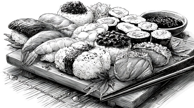 Assorted sushi pieces are depicted in a monochrome sketch style illustration