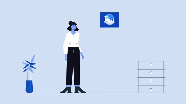 Animated professional woman interacting with digital banking icons in this minimalist motion graphic style flat design corporate office video clip