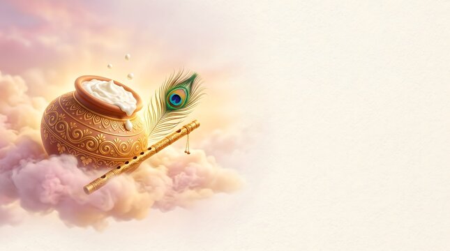 Krishna janmashtami celebration background with earthen pot flute with peacock feather resting