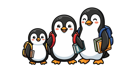 Obraz premium Three Cute Penguins Carrying Books and Backpacks