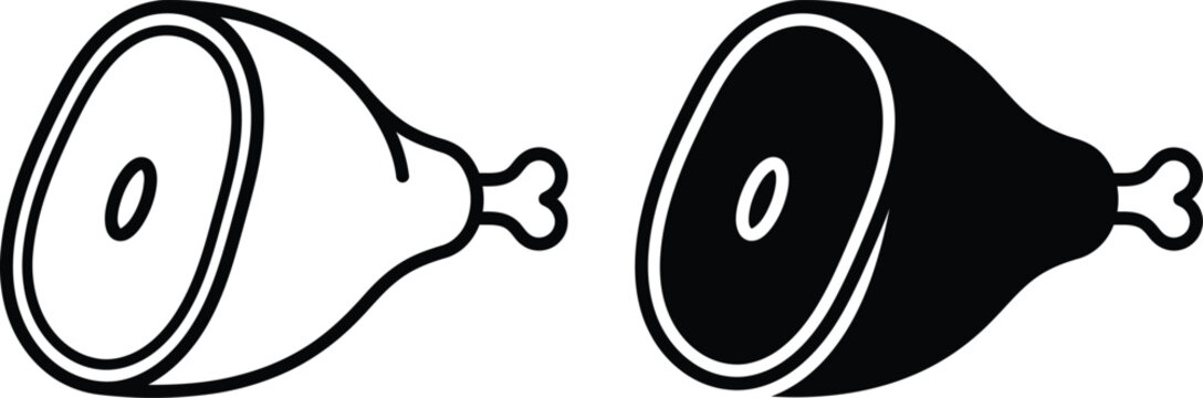 Ham meat icons showing roasted ham joint with bone in outline and solid vector style restaurant nutrition delicious