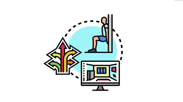 Person doing wall exercise, branching arrows, and a computer monitor visualizing content, symbolizing concepts of improving clarity, user experience, and decision making processes