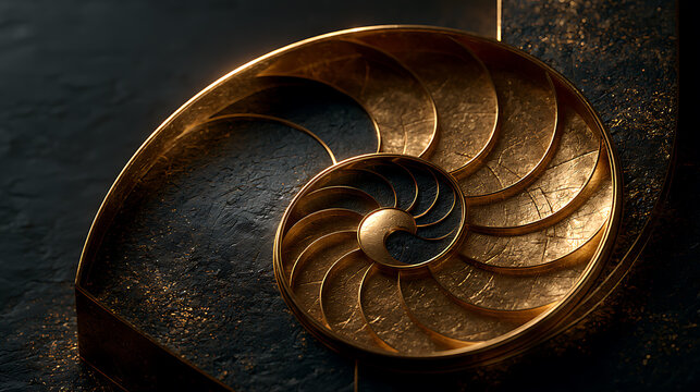 Golden spiral shell with textured surface and metallic sheen
