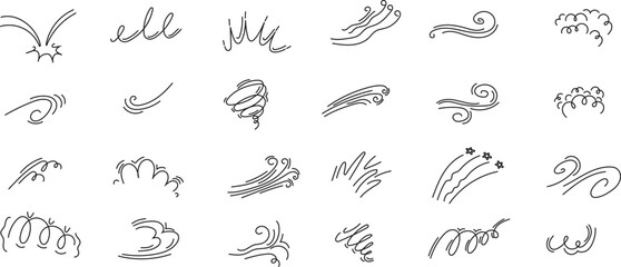 Fototapeta premium Hand drawn wind blowing and steam lines doodle set. Air flows, tornado, smoke clouds and movement swirls vector illustration isolated on white background.