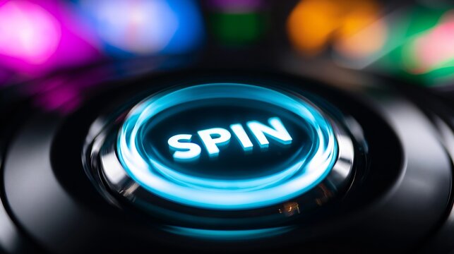 Close up of an illuminated SPIN button on a slot machine, surrounded by a vibrant, blurred casino background