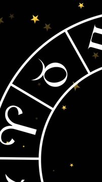 Animation of circle with zodiac signs over stars on black background