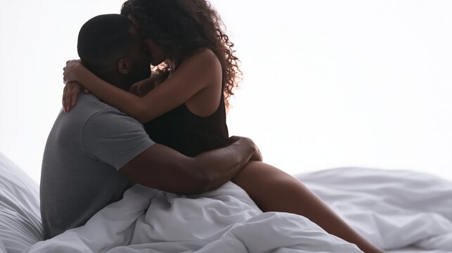 Couple embracing and kissing on white bed, sharing intimate moment of love and romantic connection in morning light