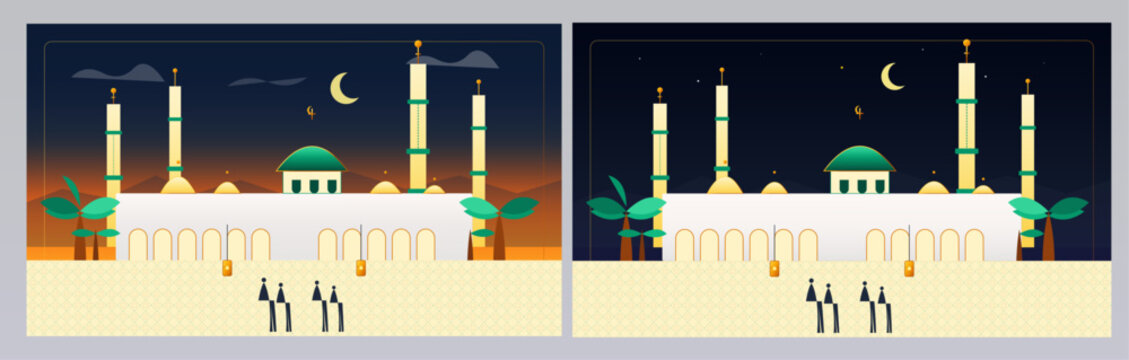 Al-Masjid an-Nabawi Prophet's Mosque Medina Saudi Arabia Vector Illustration Set Islamic Landmark Architecture Design
