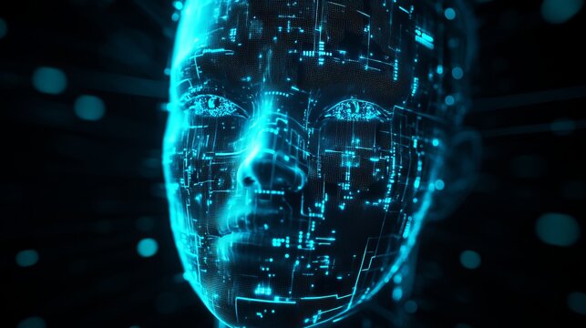 Humanoid robot head featuring glowing blue circuitry patterns and intricate digital mesh textures captured in a dark cinematic lighting style
