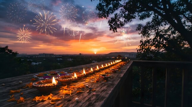 Row of glowing oil lamps or diyas on a wooden balcony at sunset with fireworks in the sky celebrating diwali festival