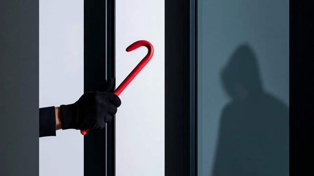 Gloved hand breaking in with a red crowbar, attempting forced entry into a building, featuring a hooded silhouette