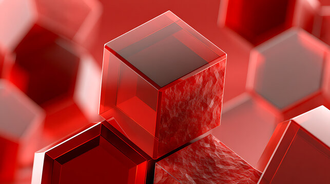 Red hexagonal prisms create a geometric reflective three dimensional composition
