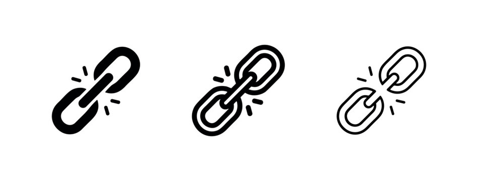 Broken chain link icon set. Disconnected or weak connection symbol. Failure graphic. Vector illustration.