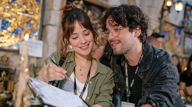 An escape room host peers over a guest's shoulder in candlelit amber light as the guest examines a locked mechanism the host's lanyard badge and clipboard visible while other puzzles remain unsolved