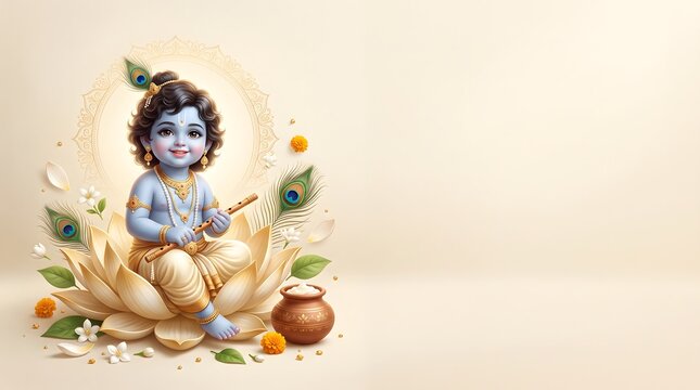 Little krishna sitting on lotus flower for krishna janmashtami festival greeting