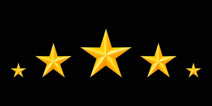 Gold star rating icon collection with varied sizes, review score symbols, premium quality and customer satisfaction graphic