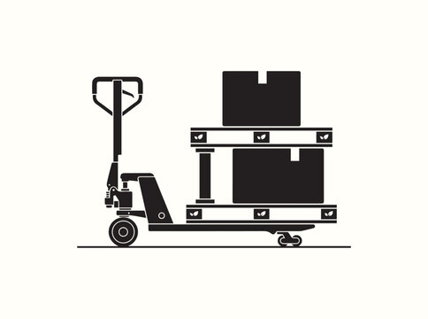 Pallet jack and two palletized boxes in geometric black silhouette on a white background