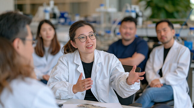 Environmental engineer in a sterile laboratory presenting a cross-section material sample to a multicultural research team of six colleagues from varied global backgrounds, sustainability testing eq