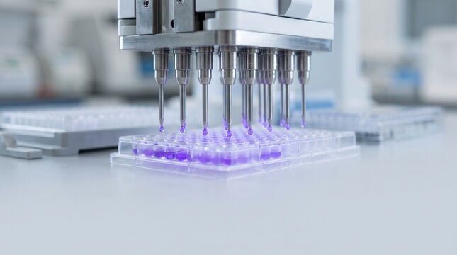 Automated multichannel pipette dispensing purple liquid into microplate, robotic laboratory equipment for high-throughput screening, biotech research