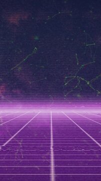 Animation of interference over network of connections and neon lines on black background