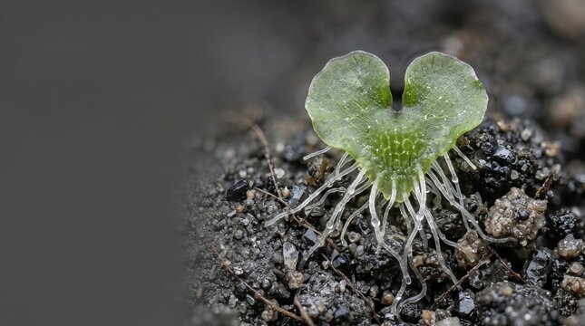 Macro heart-shaped fern prothallus on soil, green gametophyte seedling with white roots, botanical growth and life cycle