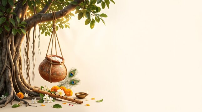 Krishna janmashtami decorative background with dahi handi pot with accompanied bamboo flute
