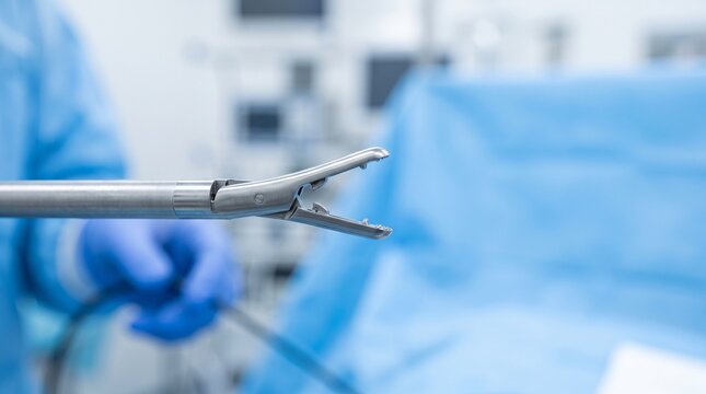 Close-Up View Of A Surgical Laparoscopic Instrument In An Operating Room With A Medical Professional In The Background