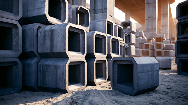 Precast concrete box culverts are stacked in a construction yard
