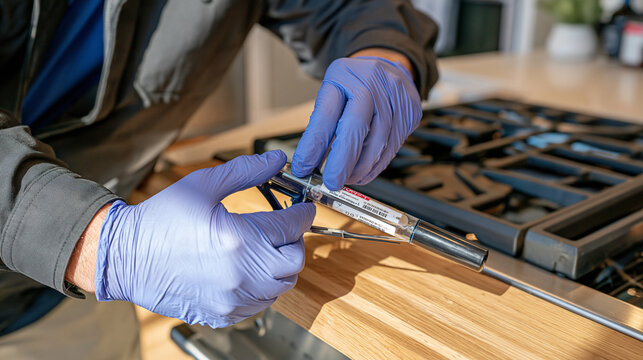 Pest control technician's gloved hands close up in a warmly lit residential kitchen, carefully labeling a specimen vial for a pandemic preparedness surveillance program, latex-covered fingers steady