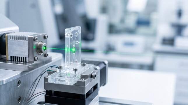 Precision Green Laser Beam Illuminates Microfluidic Device In Scientific Laboratory Setting