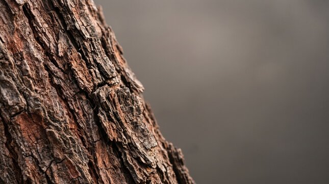 Textured Close-Up Of Rough Tree Bark Against A Blurred Gray Background