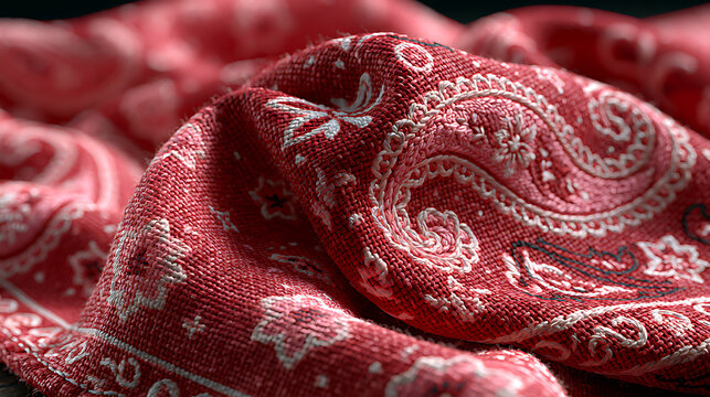 Red paisley bandana with detailed floral ornament and textured weave