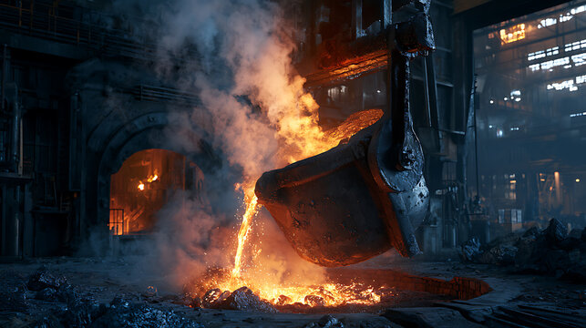 Molten metal pouring from a large industrial ladle in a steel mill