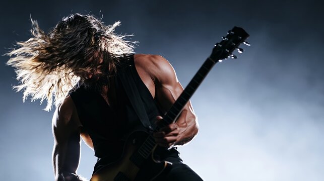 Dynamic long haired musician playing electric guitar during a live concert, expressing powerful emotions under dramatic stage lighting