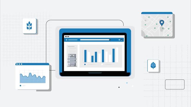 Laptop displaying business analytics data with animated charts and digital map interfaces in a modern motion graphics studio video footage