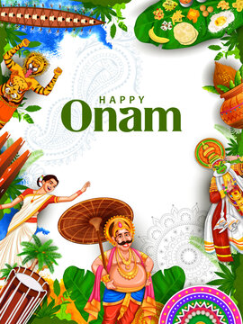 Happy Onam Festival Greeting Card with King Mahabali and Kerala Cultural Elements Vector