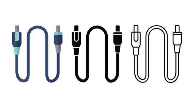 Audio video rca cable wire in color black glyph and outline style for multimedia connection.