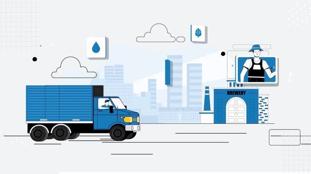 Delivery truck animation showcasing blue logistics vehicle driving towards industrial brewery building in this motion graphic production video clip asset