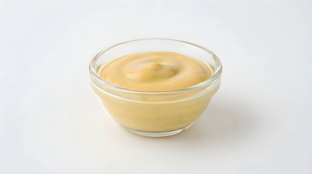 Yellow mustard sauce in glass bowl isolated on white background