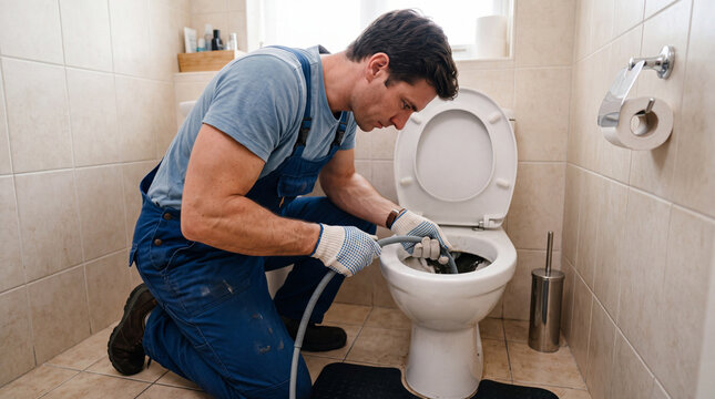 Plumber unclogs toilet in a residential bathroom during daytime