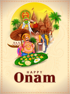 Happy Onam Festival Greeting Card with King Mahabali and Kerala Cultural Elements Vector