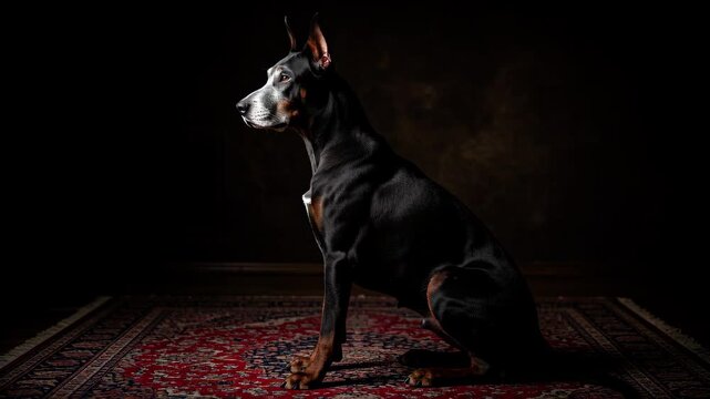 Black and White Dog Sitting in Dark Interior.
