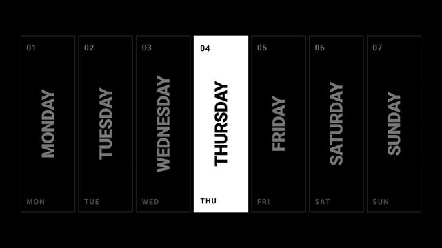 Weekly calendar card with days of the week columns on black background animation